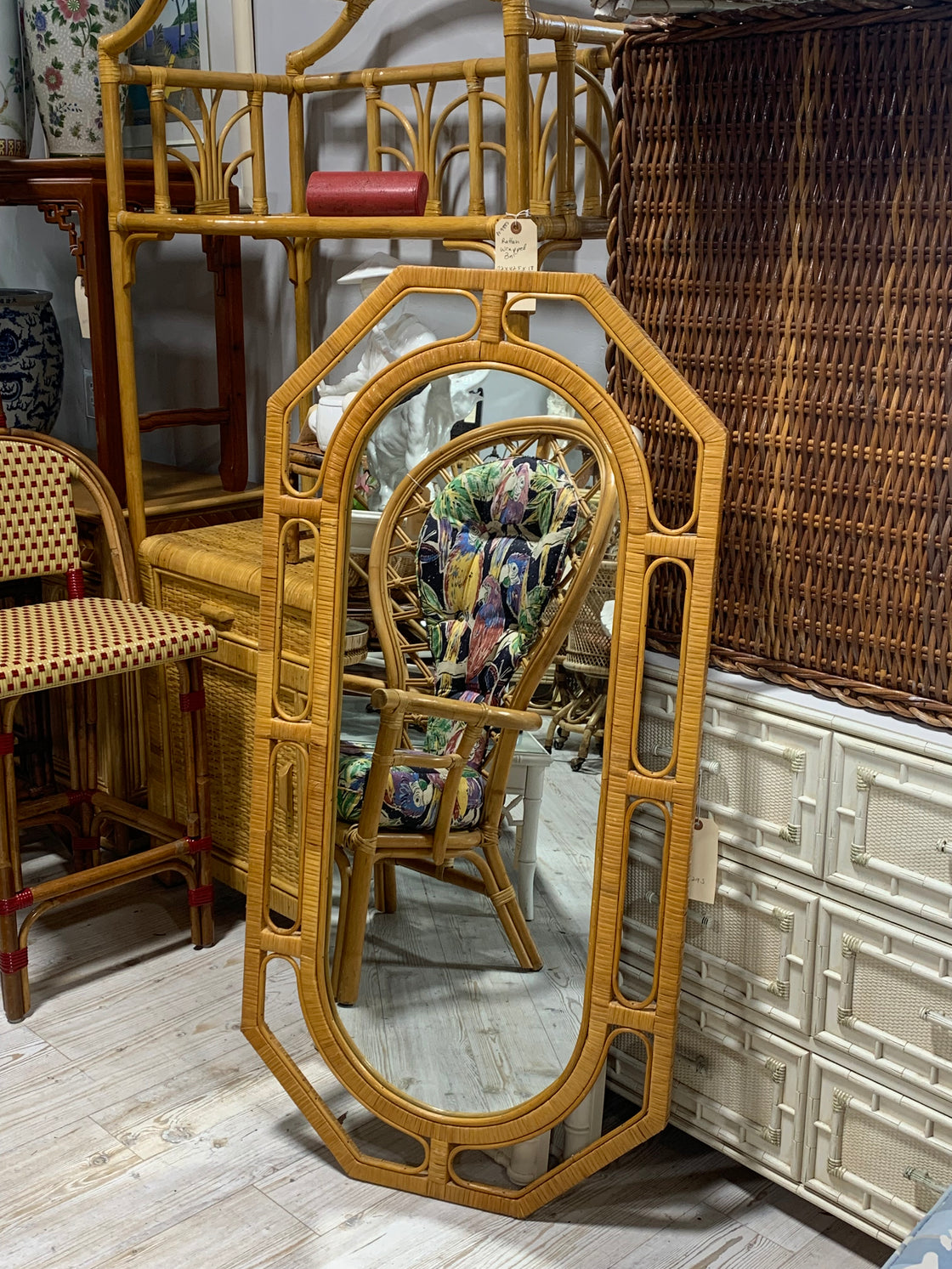 Tall Rattan Wrapped Octagon Mirror