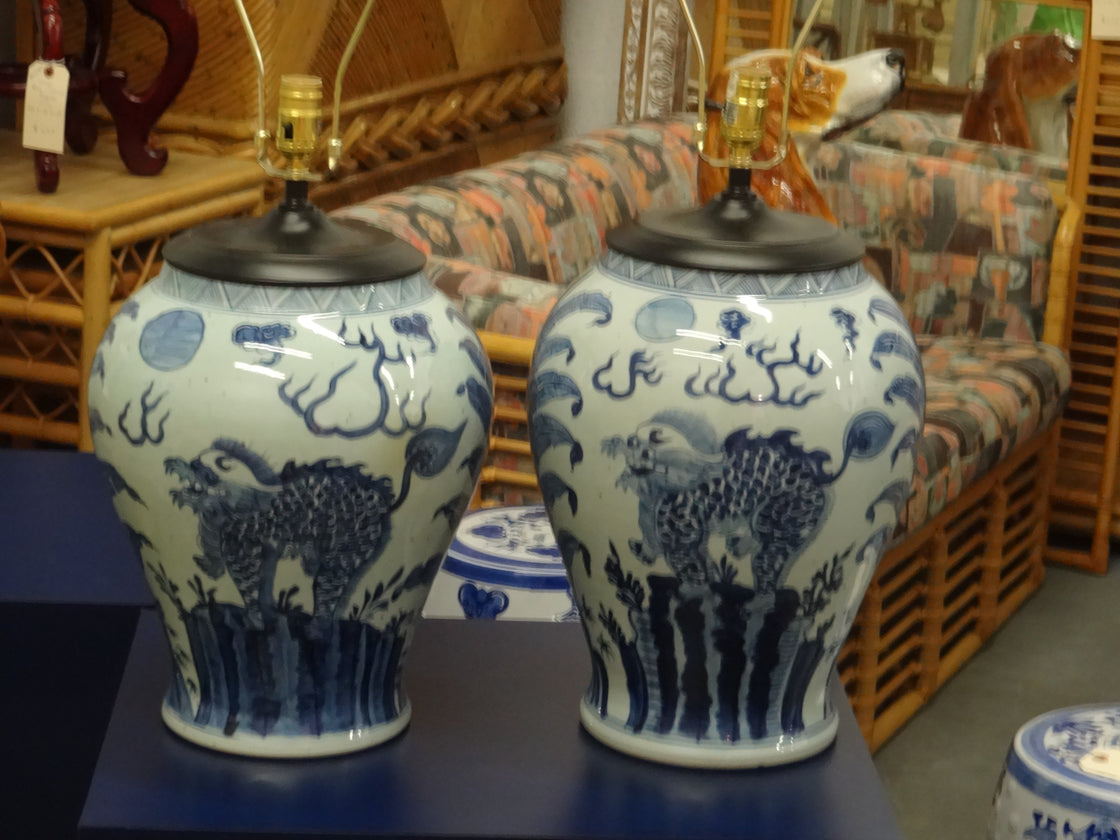 Pair of Blue & White Dragon Lamps