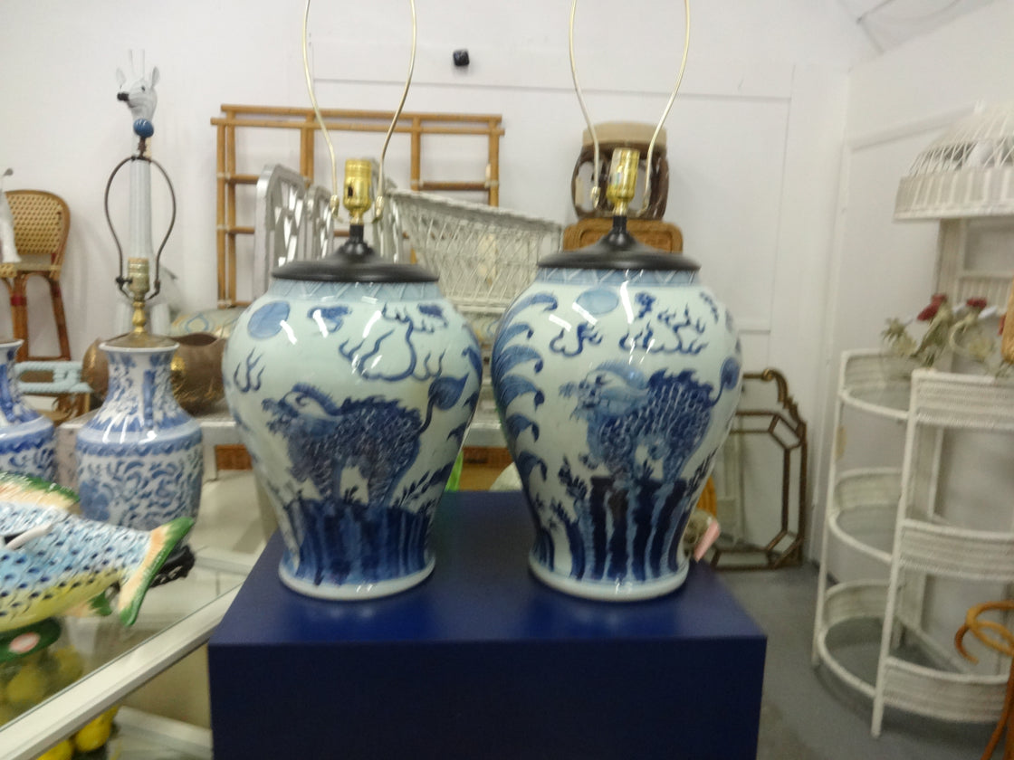 Pair of Blue & White Dragon Lamps