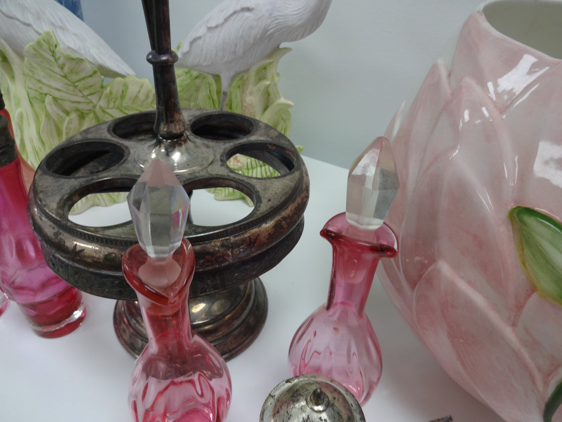 Silver & Pink Glass Cruet Set