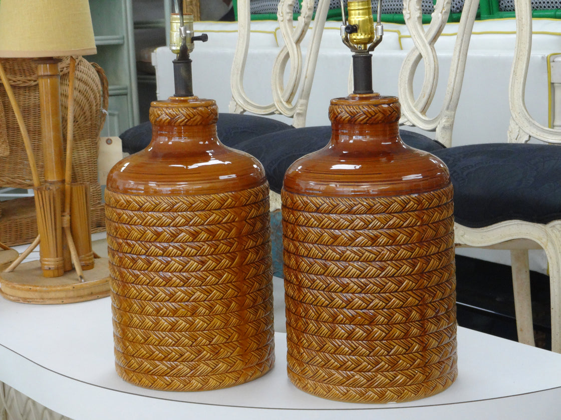 Root Beer Glazed Faux Braided Rattan Lamps