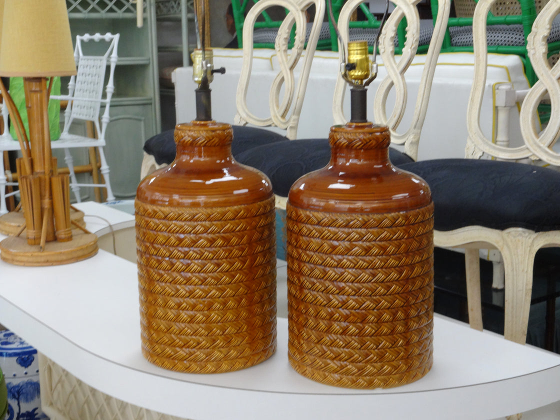 Root Beer Glazed Faux Braided Rattan Lamps
