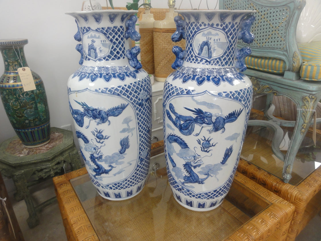 Large Blue & White Dragon Vases