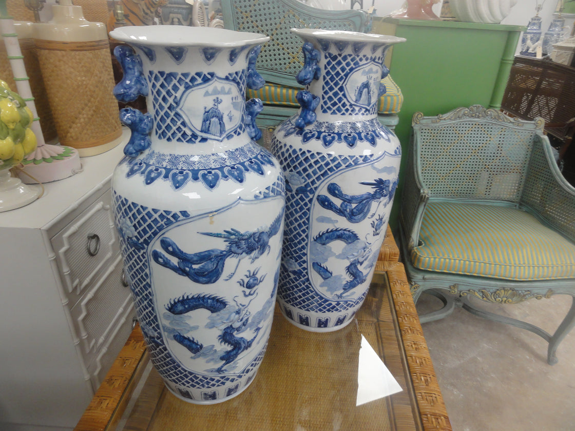 Large Blue & White Dragon Vases