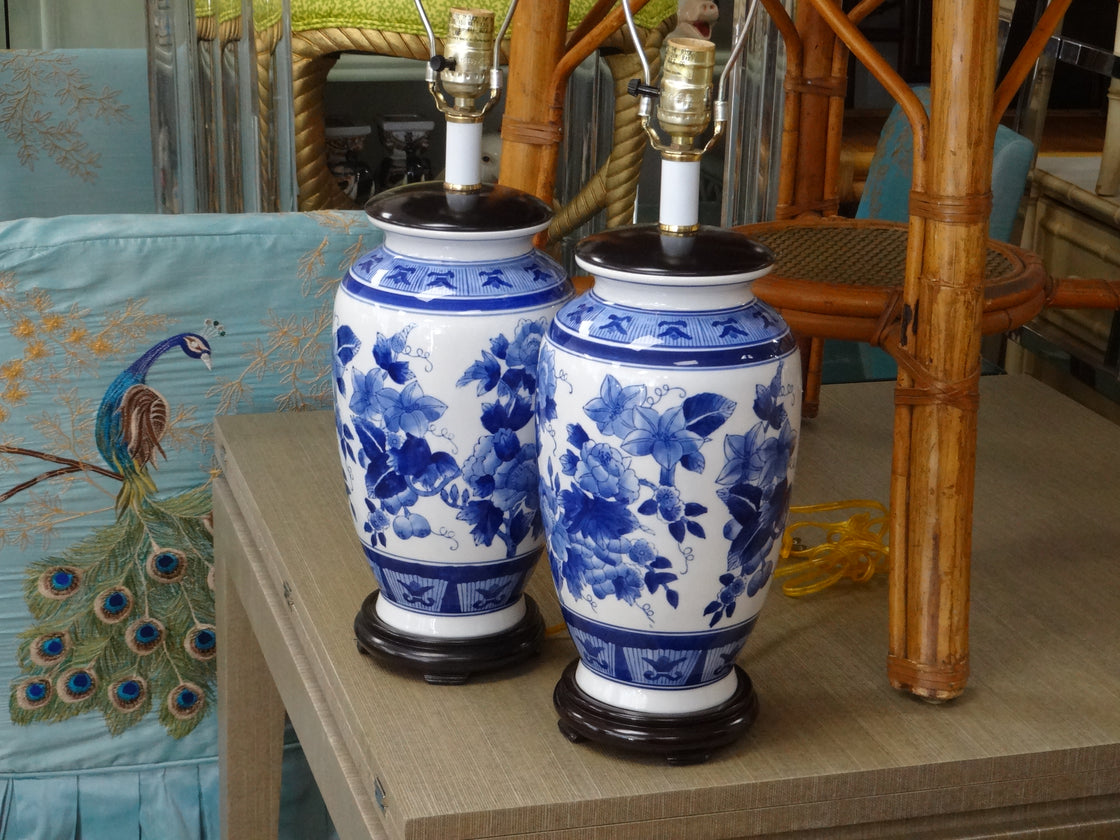 Pair of Blue & White Flower Lamps