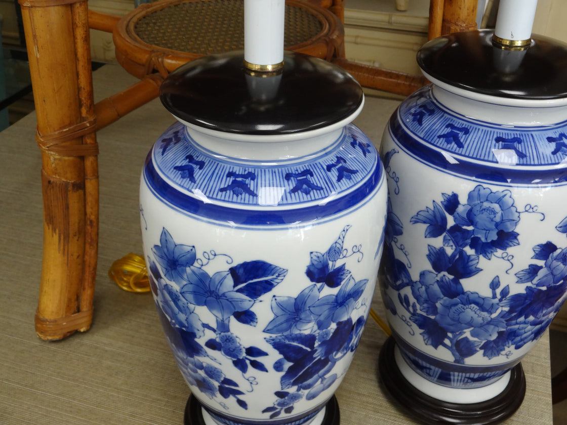 Pair of Blue & White Flower Lamps
